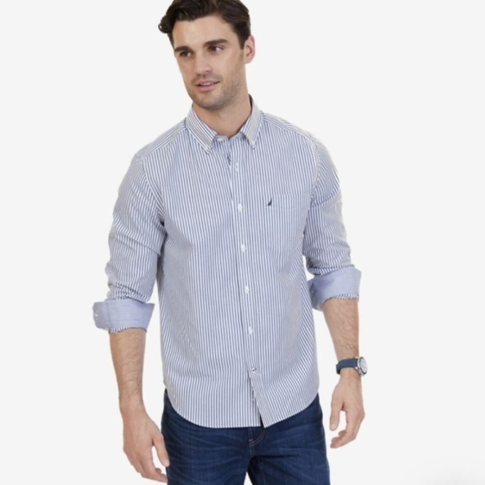 Nautica XL Mens Classic Fit 100% Cotton Blue Striped Shirt